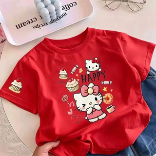 Pebbi Baby เสื้อยืดเด็กผู้หญิงแขนสั้นฤดูร้อน2026 ลายพิมพ์ Hello Kitty เค้กขนมหวาน ผ้าฝ้าย100% นุ่มระบายอากาศ สไตล์เกาหลี