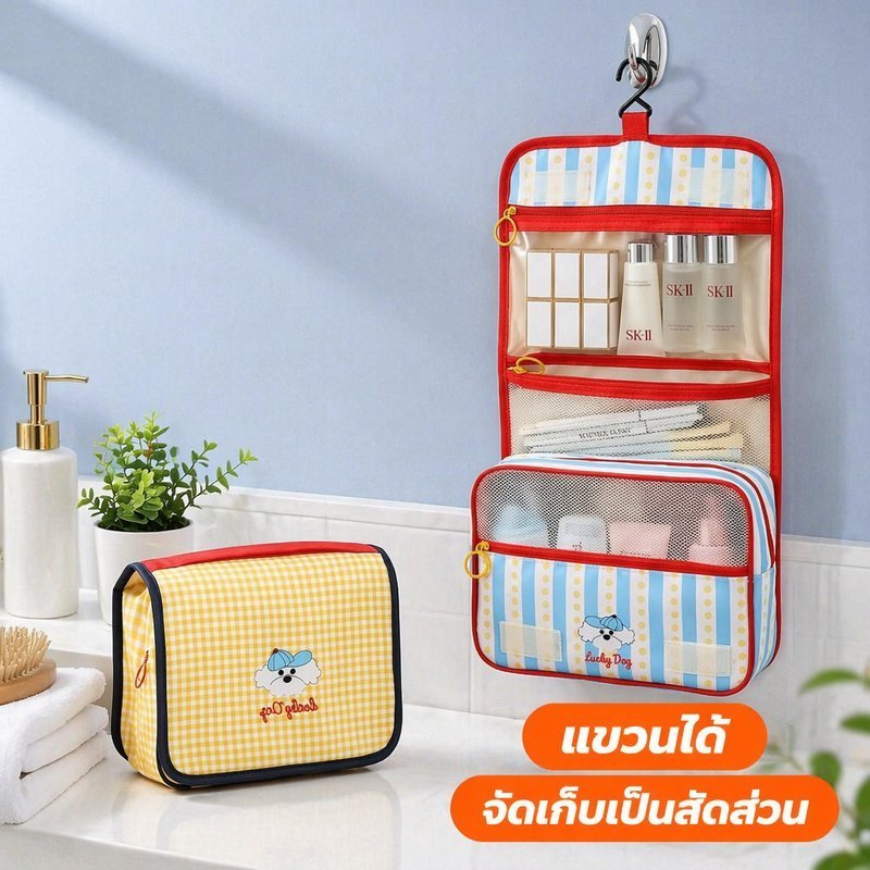กระเป๋าอาบน้ำแขวนได้ ลายการ์ตูนน่ารัก ช่องเก็บหลายช่อง แยกแห้งเปียก พับได้