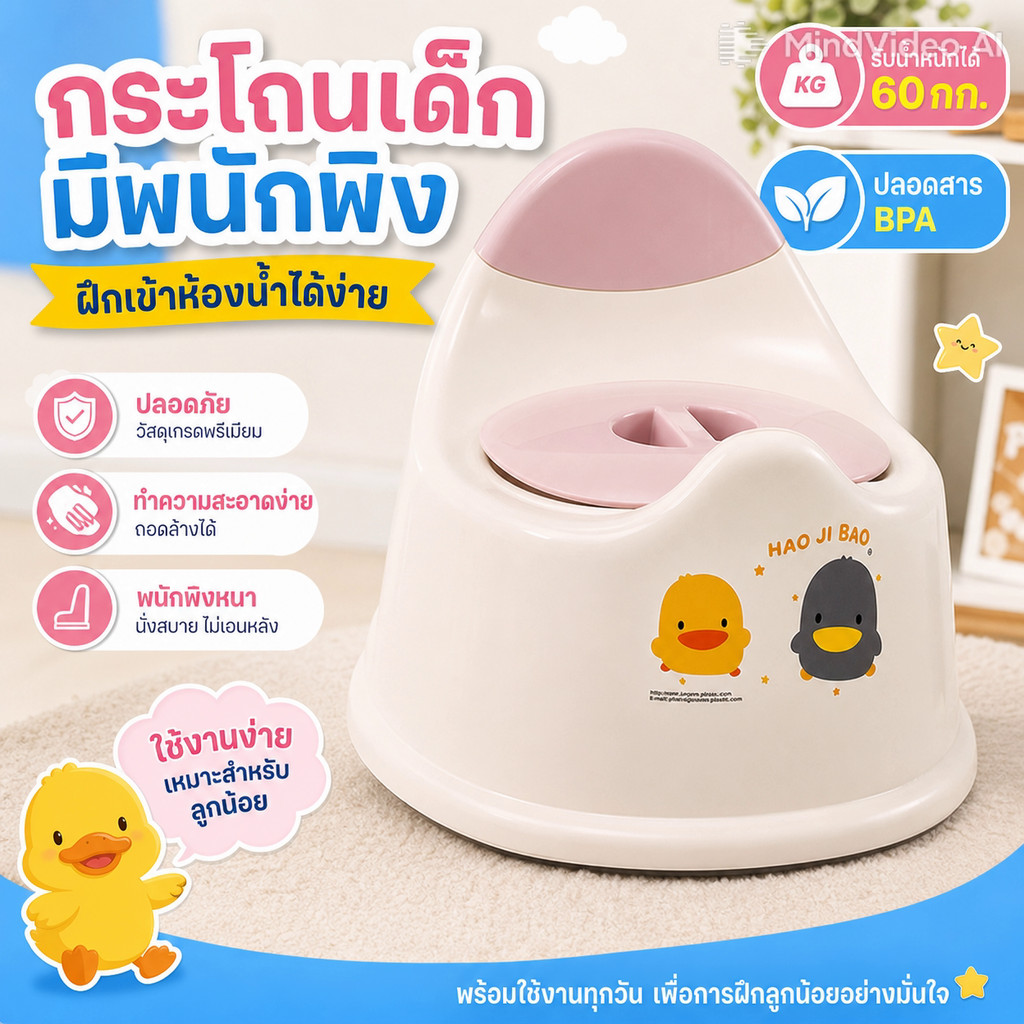 COD กระโถนเด็กมีพนักพิง รับน้ำหนักได้ 60 กก ปลอดสาร BPA ใช้งานง่าย ทำความสะอาดสะดวก พนักพิงหนา การฝึกเข้าห้องน้ำเด็ก