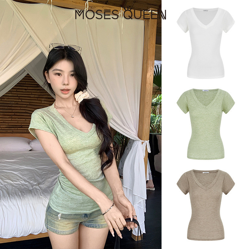 MOSESQUEEN เสื้อยืดคอวีกึ่งโปร่งใสสไตล์ลูกไก่สุดฮอตระดับไฮเอนด์สําหรับผู้หญิงดีไซน์เข้ารูปเพื่อเน้นเอวและสร้างผลลั #63741