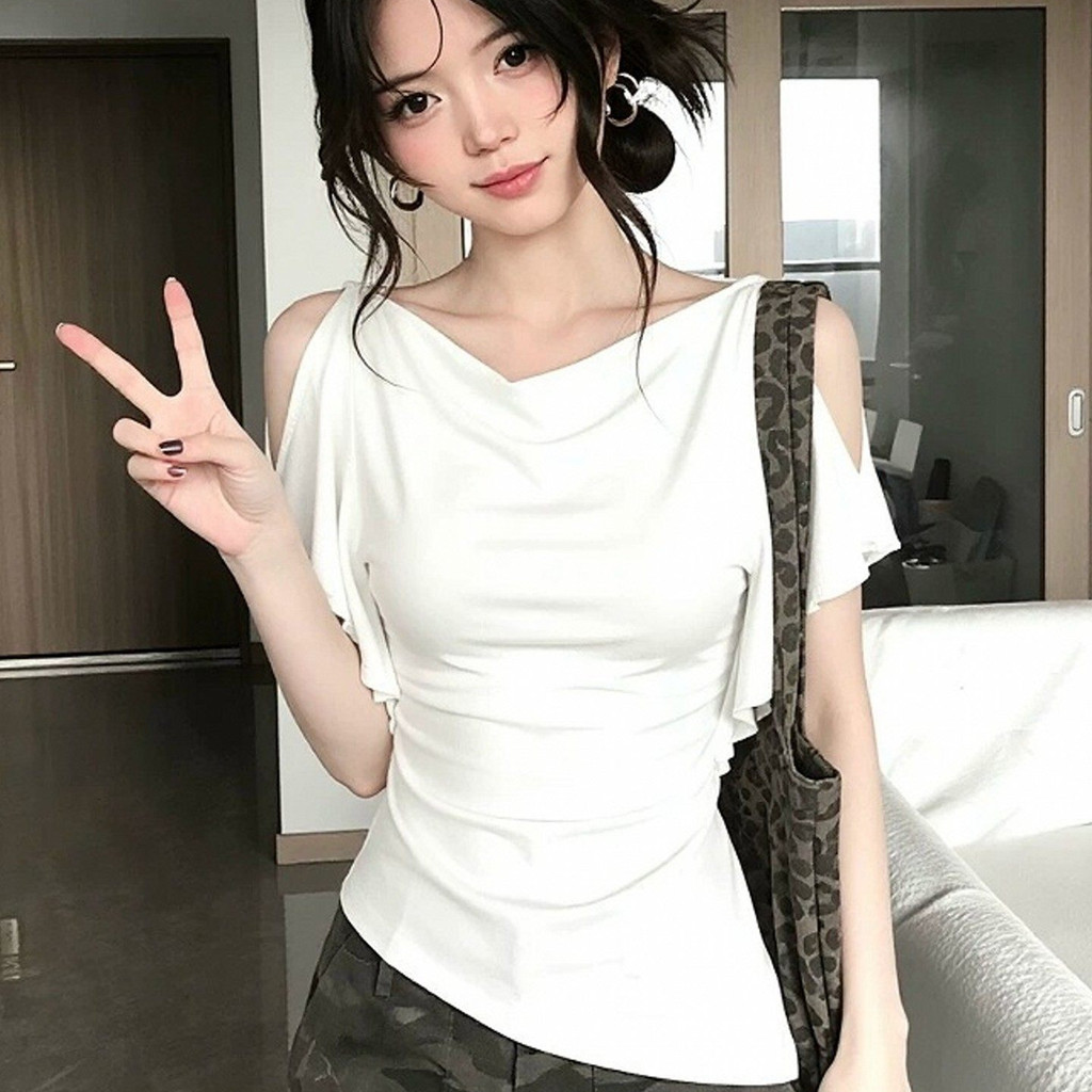 เสื้อยืดแขนสั้นเปิดไหล่สไตล์ฝรั่งเศสเร้าใจแบบใหม่ฤดูร้อน