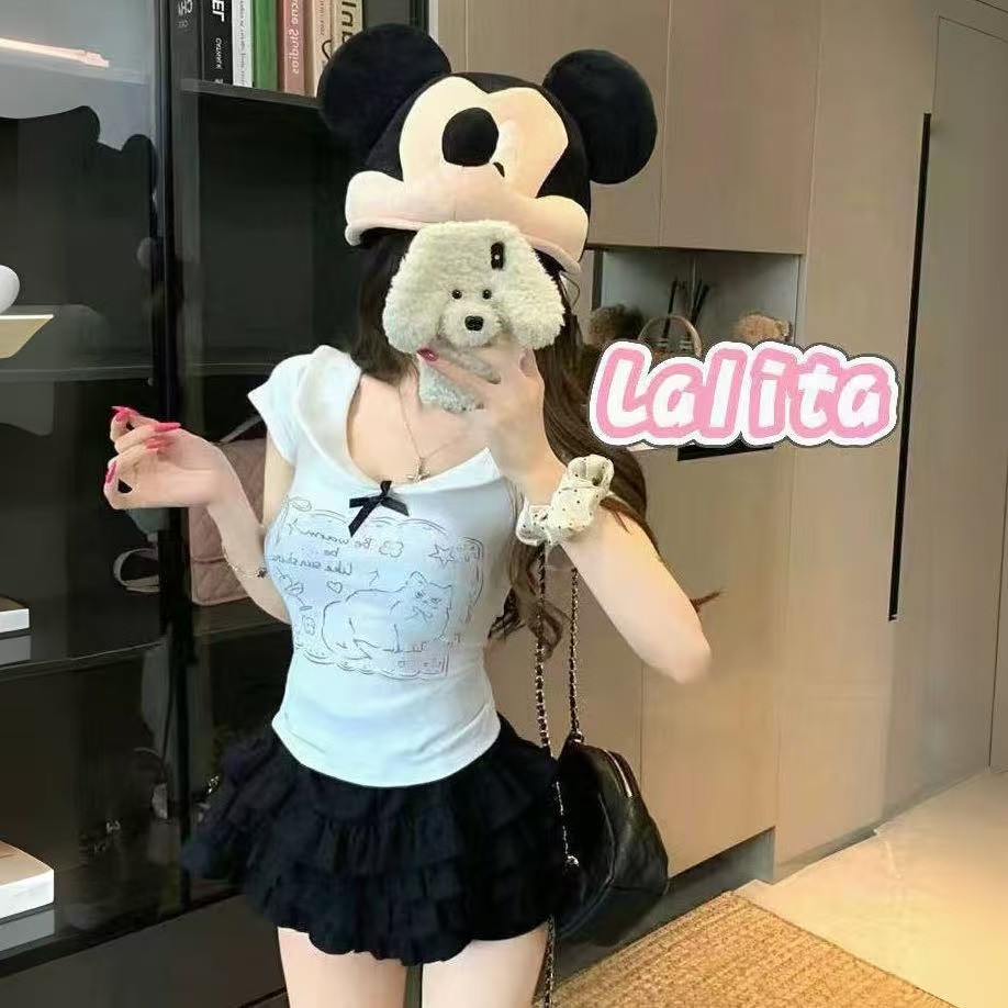 พร้อมส่งจากกทม เสื้อยืดผู้หญิง สไตล์หวานน่ารัก ระบาย โบว์ แขนสั้น คอปก ผูกโบว์ ผอมเพรียว เสื้อครอป