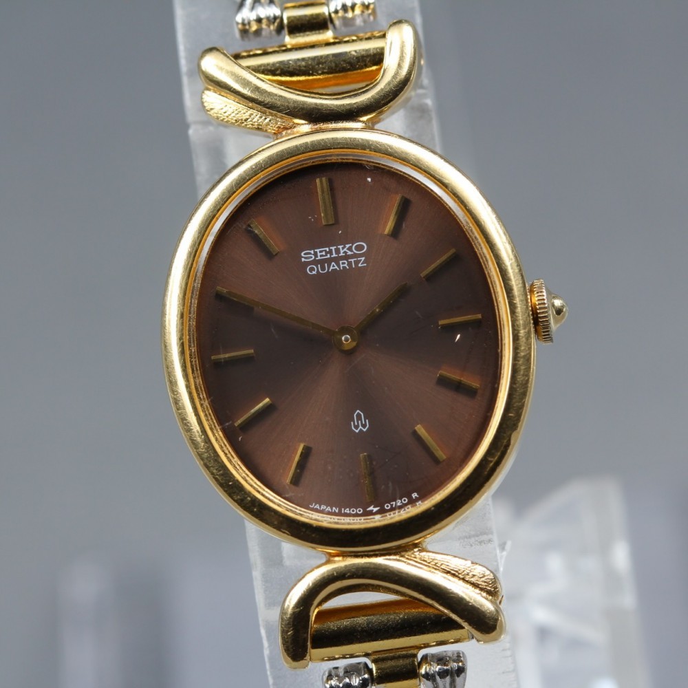 SEIKO 1400-5450 Brown Oval Gold GP Bracelet Quartz 20mm Ladies Watch 1980