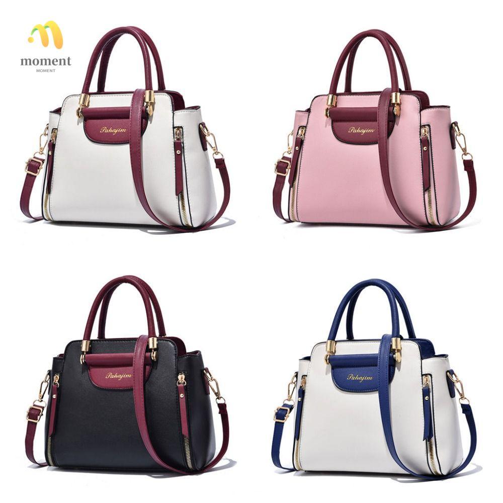 MOMENT Women Bag, PU Hit Color Handheld Bag, Fashion Elegant Large Capacity Shoulder Bag Daily