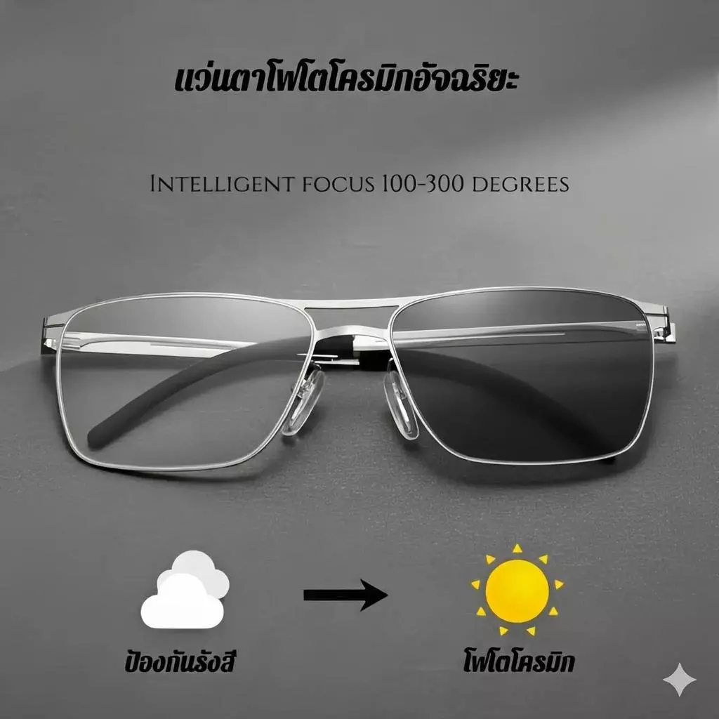 [COD]แว่นตาเปลี่ยนสีได้ ป้องกันแสงสีฟ้า โฟโตโครมิก 100–300 องศา เลนส์เปลี่ยนได้ กรอบสี่เหลี่ยมดีไซน์ทันสมัย ไทเทเนียF165