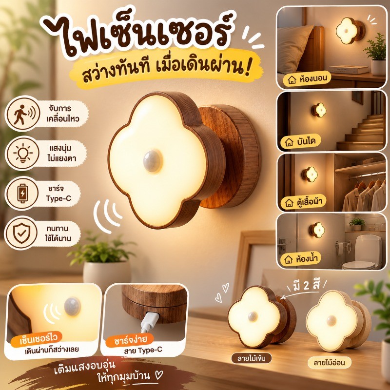 ไฟกลางคืน ไฟกลางคืนเซ็นเซอร์อัจฉริยะ ชาร์จ Type-C ติดตั้งด้วยตัวดูด ไม่ต้องเจาะ การตกแต่งห้อง