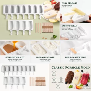 ถาดแม่พิมพ์ซิลิโคนสำหรับไอศกรีม พิมพ์ไอติมซิลิโคน 4 ช่องหรือ 8 ช่อง ทรงรี มีช่องเสียบไม้ ยืดหยุ่นถอดง่าย ทำขนมแช่แข็ง