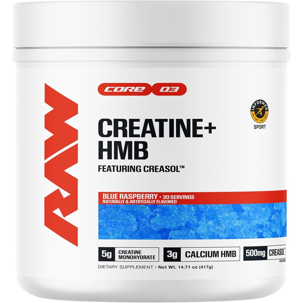 RAW Creatine Plus HMB, Blue Raspberry, Creatine HMB Powder - Creatine Monohydrate Powder with 3G HMB