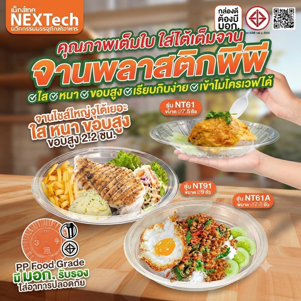 จานพลาสติกพีพีใส จานพลาสติก รุ่น NT 61 และ 91 (ขนาด 7 และ 9 นิ้ว) แพ็คละ 50 ใบ เข้าไมโครเวฟได้ มี มอก.