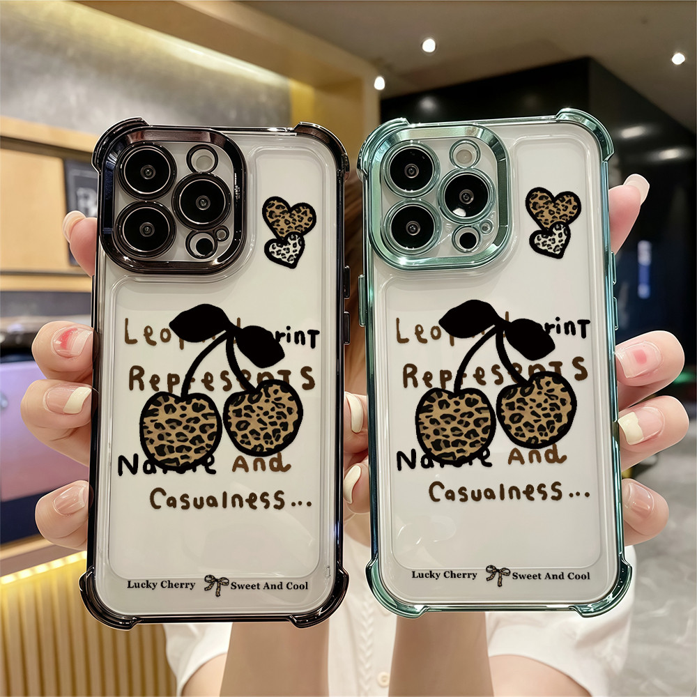 ลายเชอร์รี่ลายเสือดาว เคส Samsung A22/A25/A56/A73/A074G/S24ULTRA5G/S25PLUS 5G หรูหราเคสโทรศัพท์โปร่ง