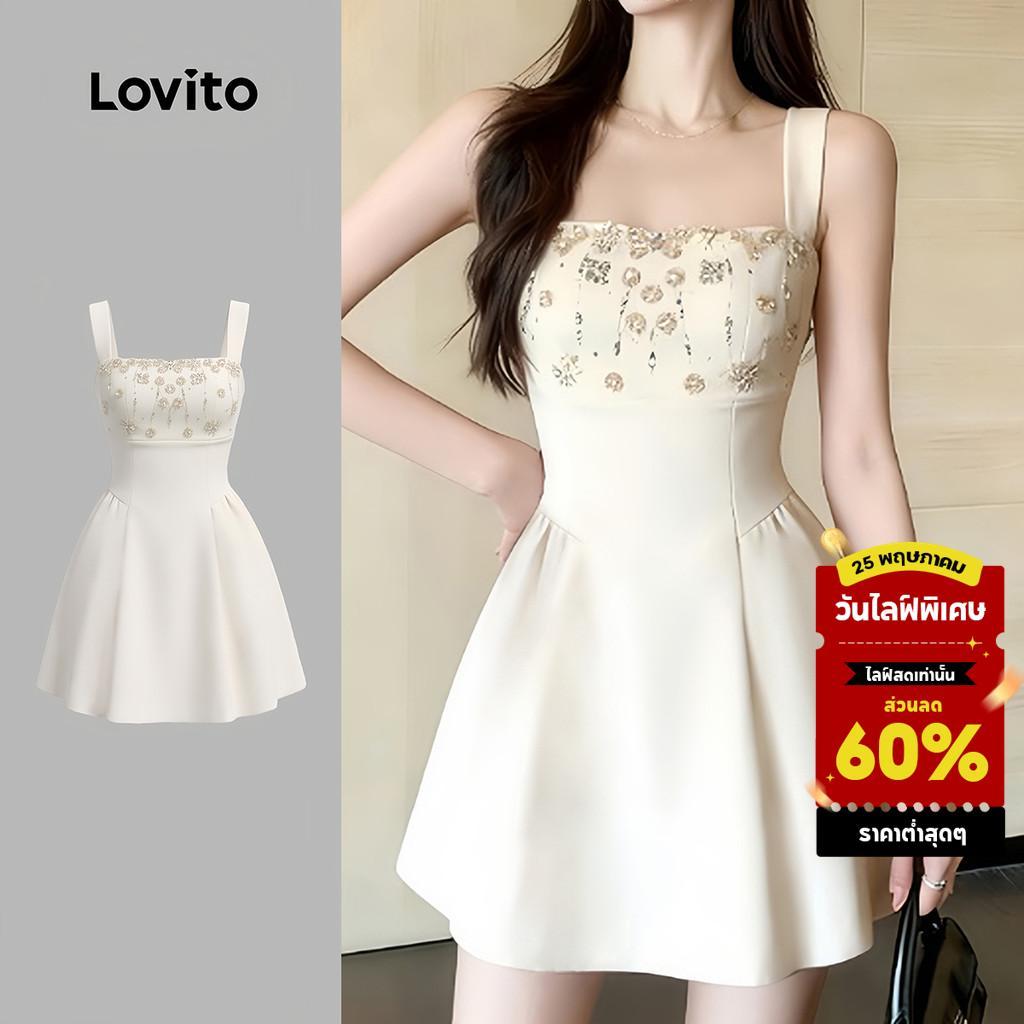 Lovito ชุดเดรสแอปริคอตสไตล์สปริง/ฤดูร้อน พลิ้วสวย ทันสมัย ใส่สบาย LK4ED1765