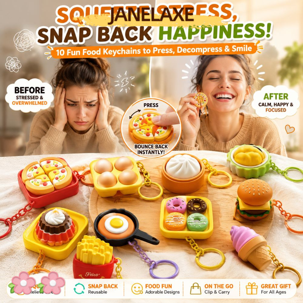 JANELAXE932JN Anti-stress ของเล่นจี้,พิมพ์การ์ตูน Calming พวงกุญแจคีย์,ตลกปุ่มนิ้วมือกระเป๋า Charms พิซซ่าไข่อาหาร Clicker Key Chain Decompression ของขวัญ