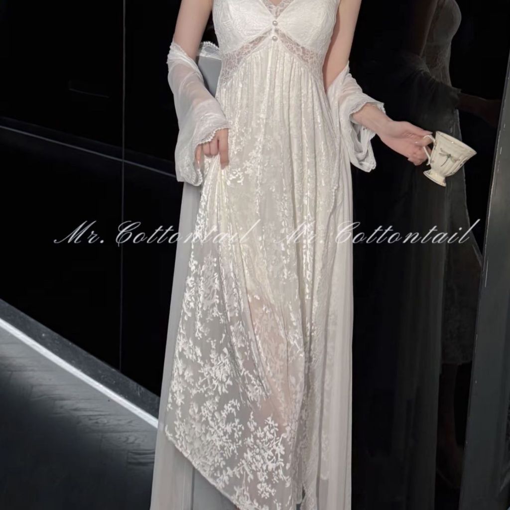 [กํามะหยี่เงากุหลาบ] French Burnt ดอกไม้ลูกไม้ Nightdress เซ็กซี่ V คอ Slimmer ดูสลิงชุด PDD7.24-136