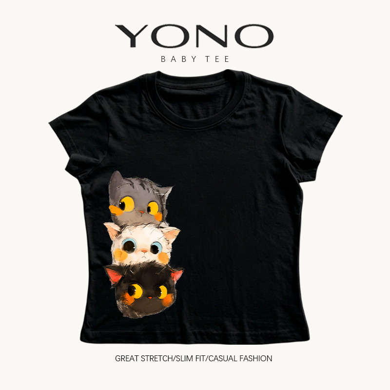 (พร้อมส่ง24ชม.) YONO baby tee สีดำ ลายหน้าแมว 3 ตัวซ้อนกัน ทรงเข้ารูป ลุคน่ารัก y2k