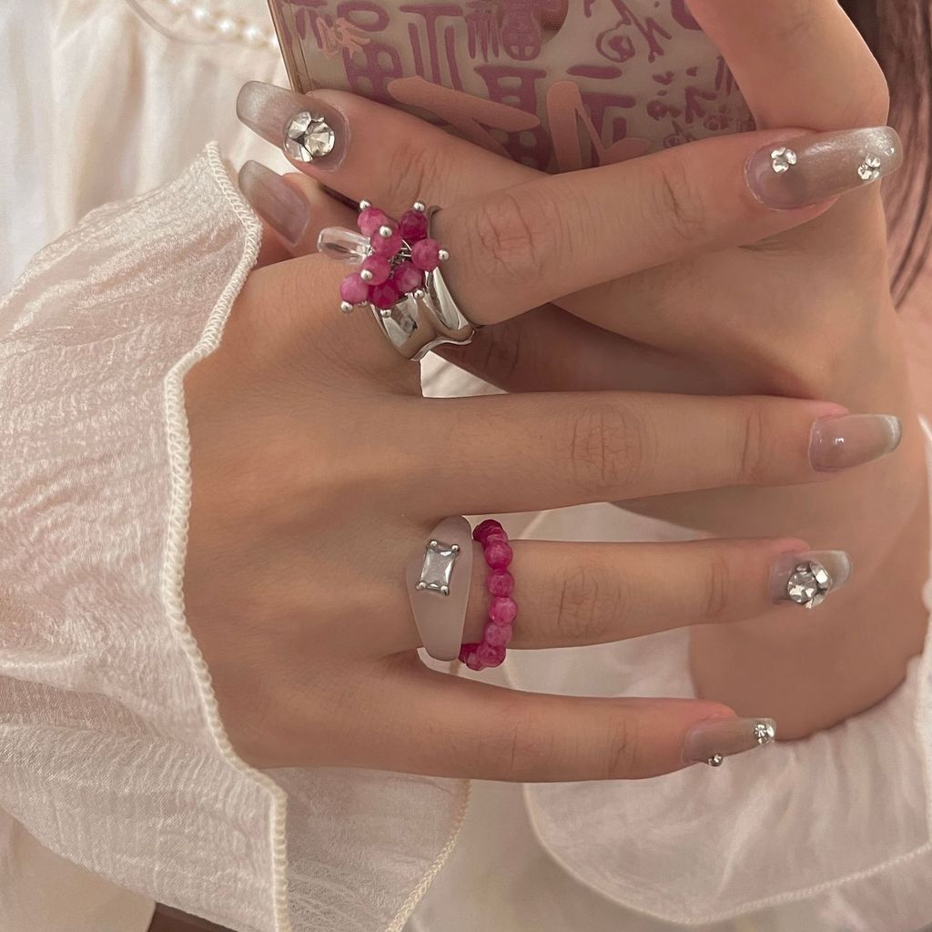 [miaom] French Handmade Garnet Beaded Double Ring Niche Design Sweet Cool Dopamine Sweet Cool Ring