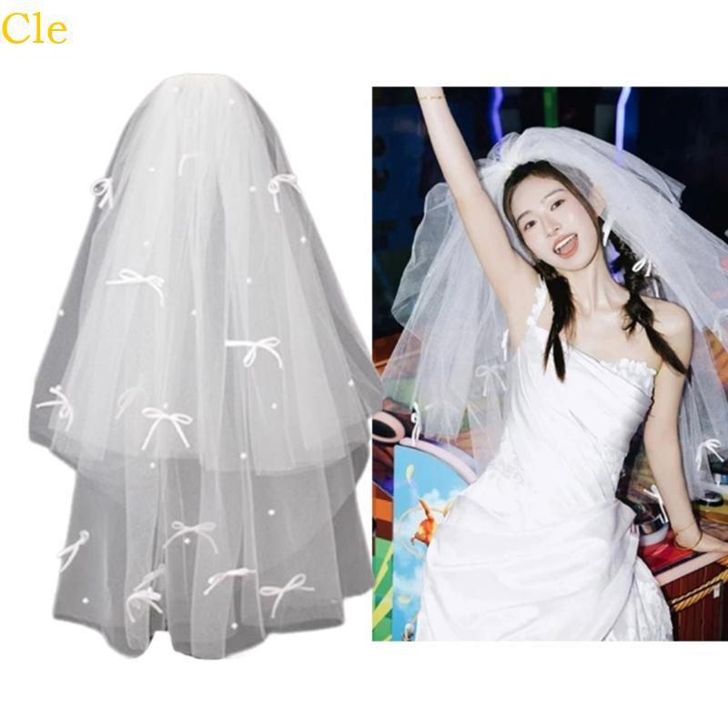 Cle Wedding Veil สําหรับงานแต่งงาน Studded Pearls Veil Head ผ้าพันคอสําหรับถ่ายภาพ
