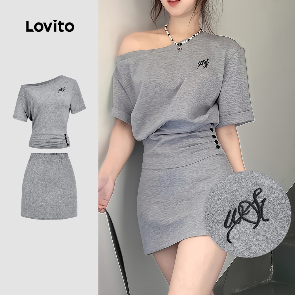 (แคชชวล) Lovito  ชุดเซ็ทกระโปรง ลายปัก สําหรับเดินทาง ฤดูใบไม้ผลิ/ฤดูร้อน สีเทา สําหรับผู้หญิง L177ED1084