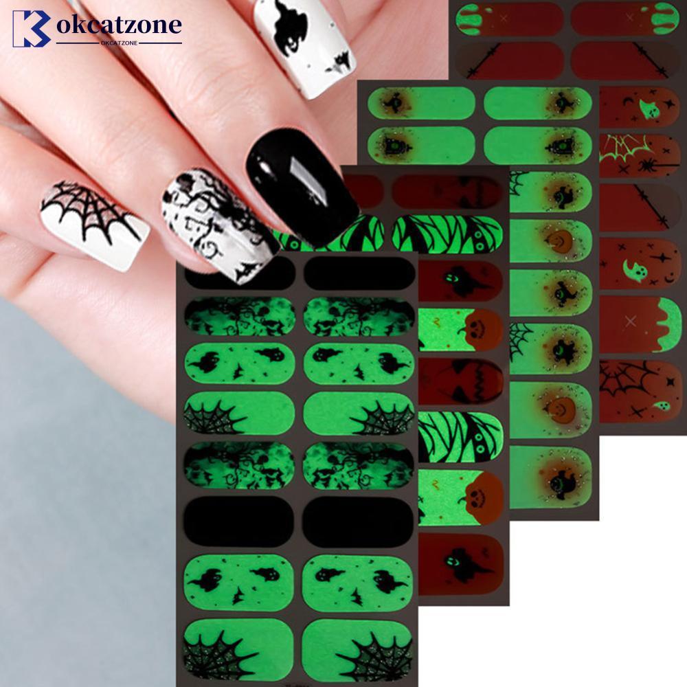 OKCATZONE ฮาโลวีน Spider Web Ghost Glow Dark เล็บแถบเล็บ Wraps สติกเกอร์ Self-Adhesive เล็บ Decals ส
