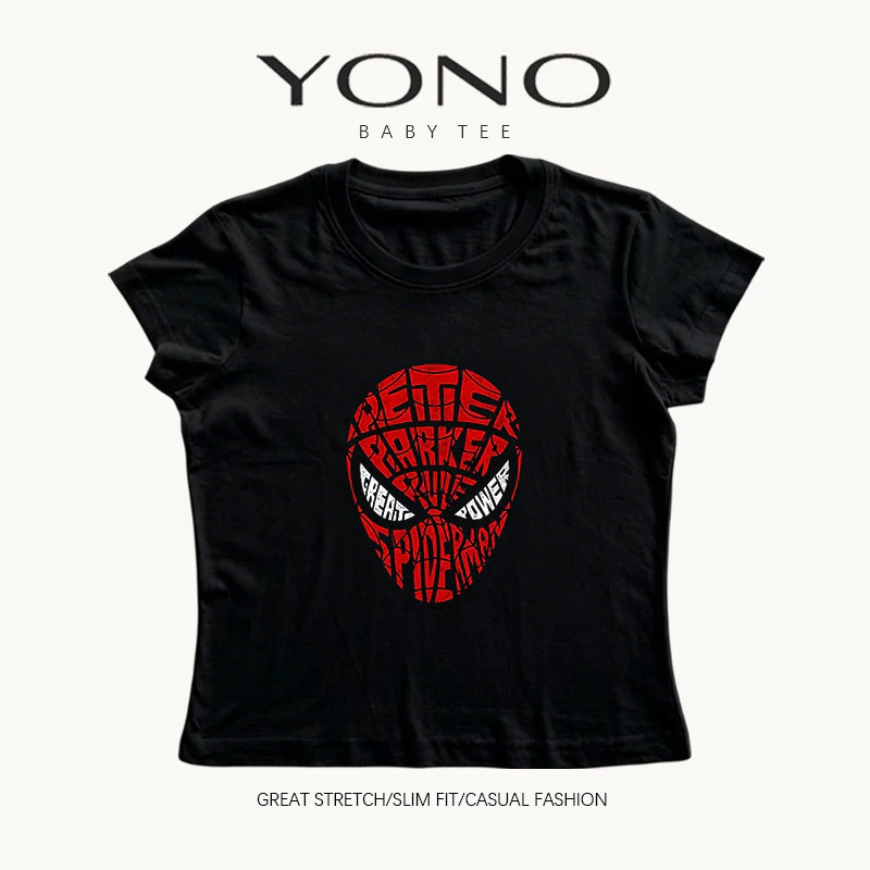 (พร้อมส่ง24ชม.) YONO baby tee สีดำ ลายหน้ากากสีแดงพร้อมข้อความกราฟิก ทรงเข้ารูป สตรีท y2k