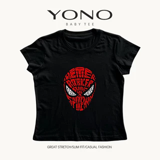 (พร้อมส่ง24ชม.) YONO baby tee สีดำ ลายหน้ากากสีแดงพร้อมข้อความกราฟิก ทรงเข้ารูป สตรีท y2k