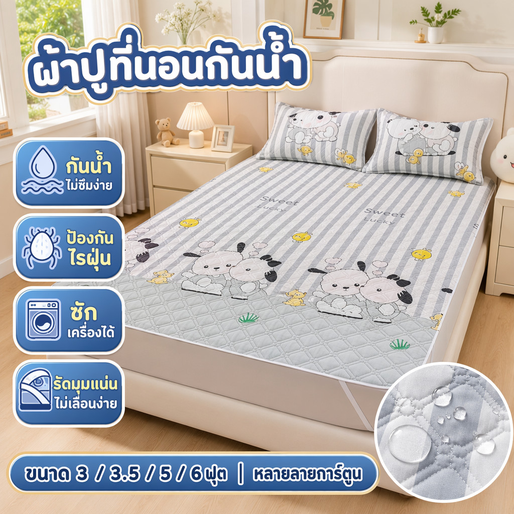 ผ้าปูที่นอนกันน้ำ3/3.5/5/6ฟุต ป้องกันไรฝุ่น ซักเครื่องได้ ที่นอนกันน้ำ ผ้ารองฉี่ กันน้ำ100% รัดมุม ที่นอน