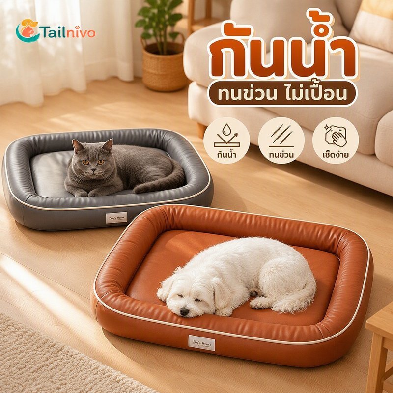 เตียงสุนัขแมวกันน้ําหนัง PU ขอบยกระดับเบาะนุ่มทําความสะอาดง่ายป้องกันรอยขีดข่วน Cozy