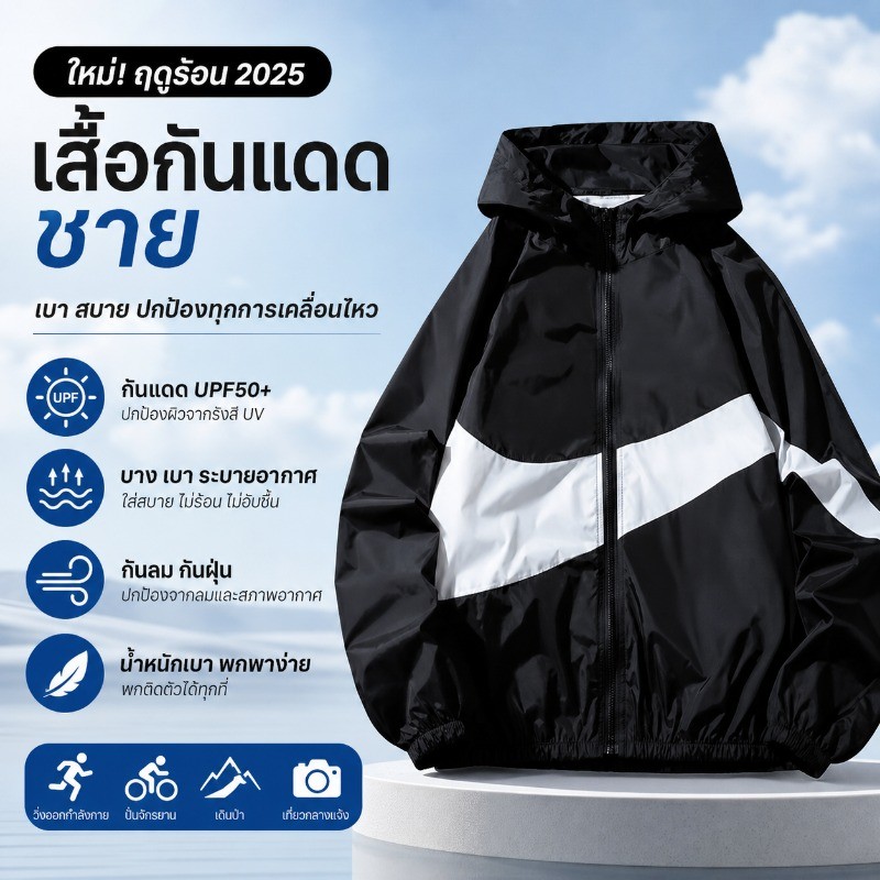 เสื้อกันแดดผู้ชาย เสื้อ UV ผ้าซับเหงื่อเบิ้ล กันลม บางเย็น สวมใส่สบาย ซัมเมอร์ 2025