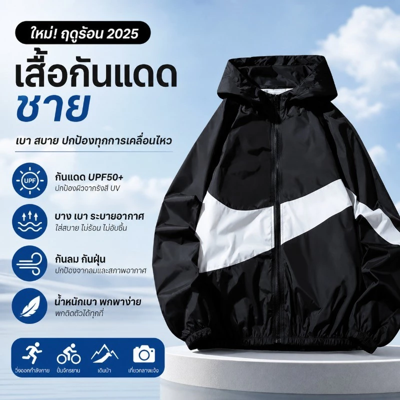 เสื้อกันแดดผู้ชาย เสื้อ UV ผ้าซับเหงื่อเบิ้ล กันลม บางเย็น สวมใส่สบาย ซัมเมอร์ 2025