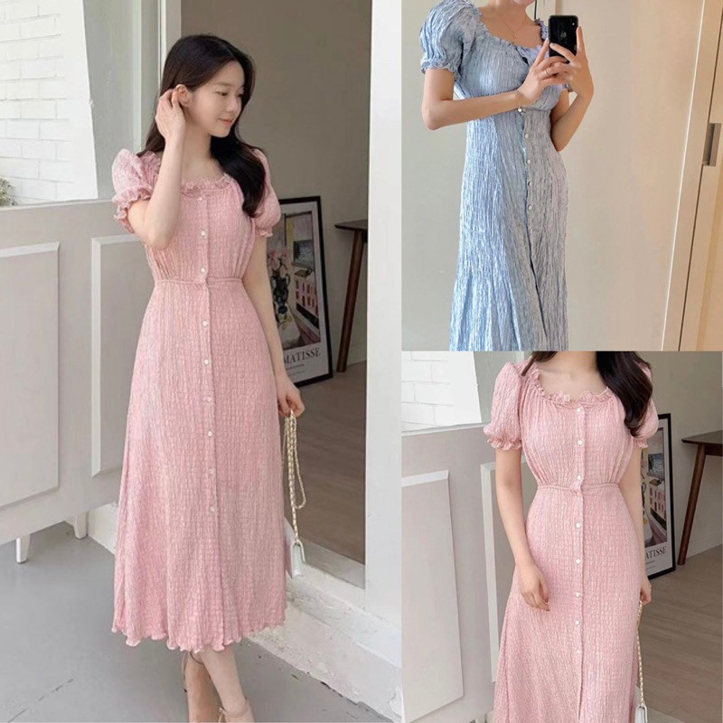 D1426 KIMI สไตล์เกาหลีวินเทจ MIDI DRESS ซิมPLE BUTTONS PLAIN BUSUI