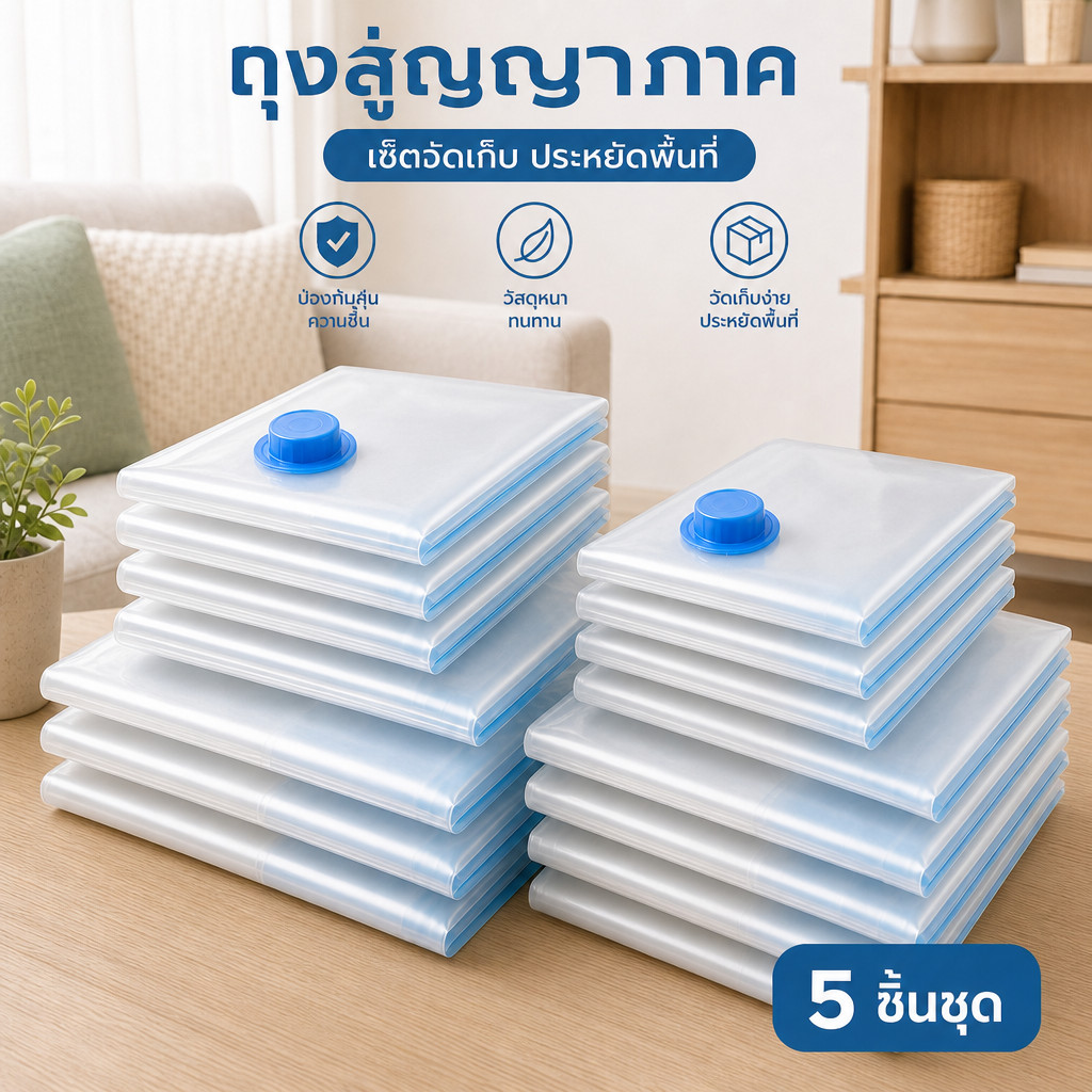 ถุงสูญญากาศเก็บเสื้อผ้า/ผ้านวม ขนาด 50x70 60x80 80x100 ซม. รุ่นหนาพิเศษ แบบใส วัสดุ PA+PE ถุงดูดอากาศ ประหยัดพื้นที่ กัน