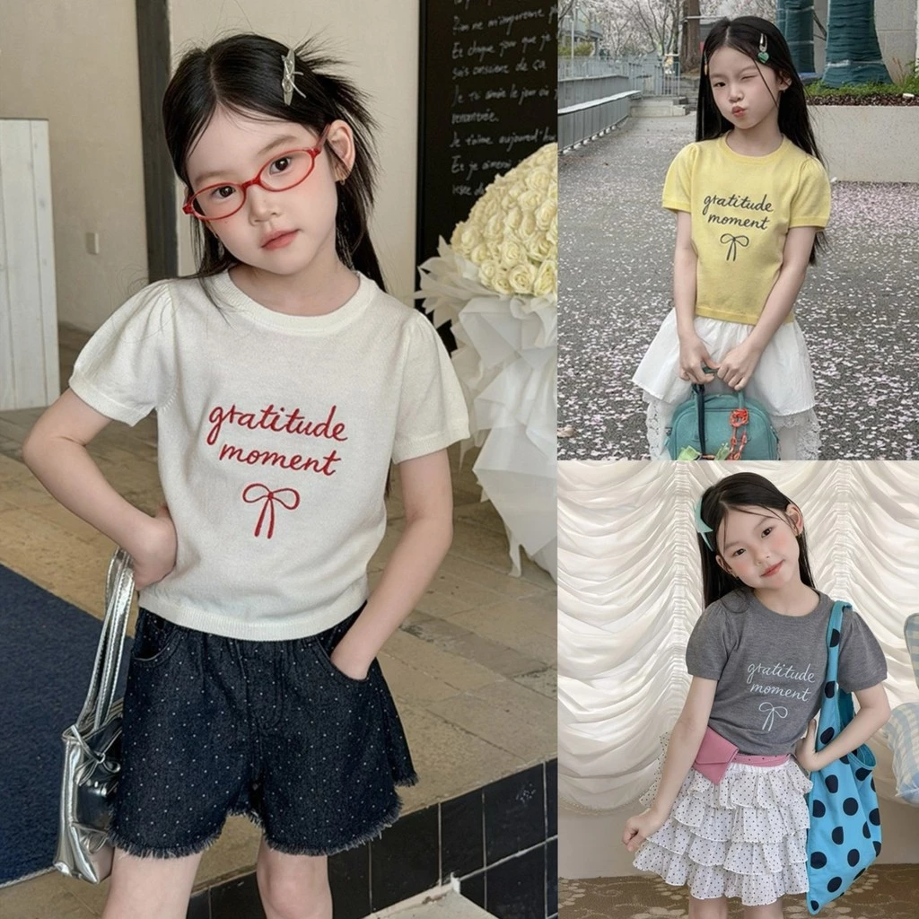 PRETTY BABY เสื้อยืดเด็ก เสื้อแขนตุ๊กตา เสื้อไหมพรม งานปักอักษรโบว์(2358)