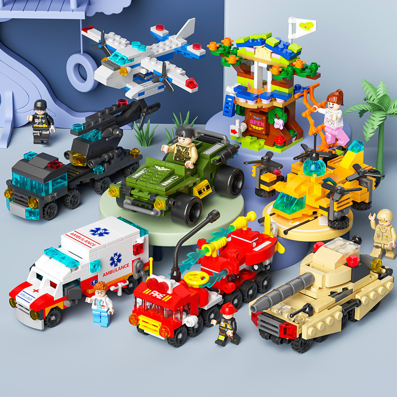 6 in 1 Building Block ของเล่นกระเป๋าบรรจุภัณฑ์เด็กการศึกษาประกอบ Street View ทหารการเปลี่ยนรูปรถดับเ