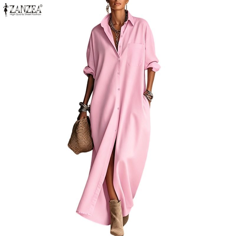 ZANZEA ผู้หญิงวินเทจ Elegant Office ชุด Turn-Down-Collar แขนยาวหลวม Maxi ตรง Shirtdress — صورة 6