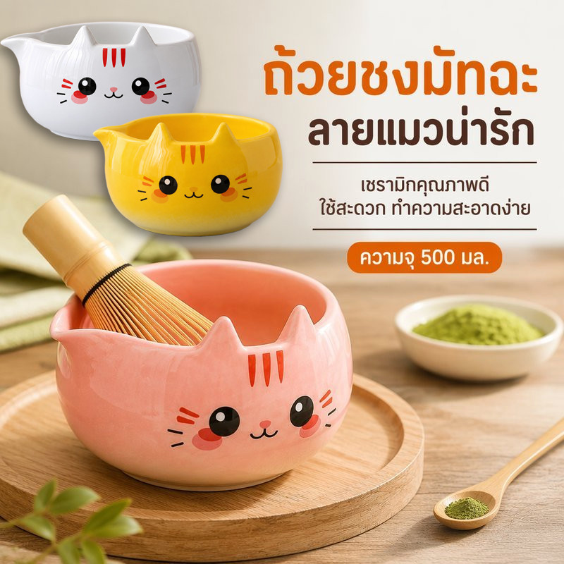ชามชงมัทฉะ เซรามิก ลายแมว ปากเท 500ml ชามตีมัทฉะ ญี่ปุ่น ใช้กับแปรงชงชา มัทฉะ