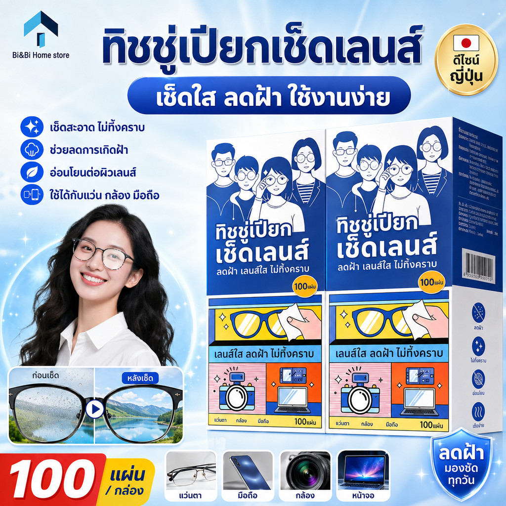 แผ่นเช็ดแว่นตา 100แผ่น กระดาษเช็ดแว่นกันฝ้า ผ้าเช็ดแว่น กันฝ้า เลนส์กล้อง สแกนเนอร์ กล้องติดรถ มือถือ คอม กระดาษเช็ดแว่น