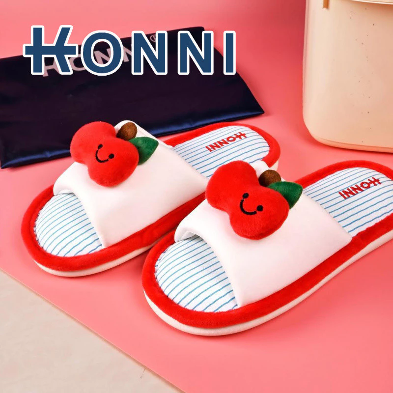 KONNI รองเท้าแตะแฟชั่น รองเท้านิ่ม หญิงน่ารัก บ้านผ้าฝ้ายผ้าลินินผ้าลินิน รองเท้าใส่ในบ้าน ลายแอปเปิ้ล
