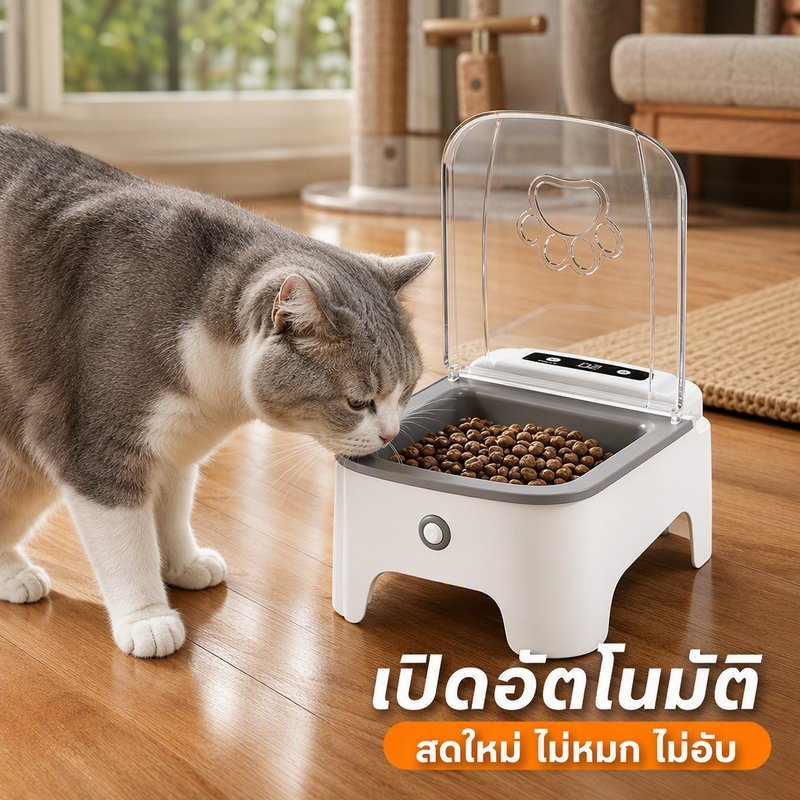 ชามอาหารแมวอัตโนมัติ เปิดปิดอัตโนมัติ ฝาปิดรักษาความสด 24H ตั้งเวลา เซนเซอร์ตรวจจับความร้อน