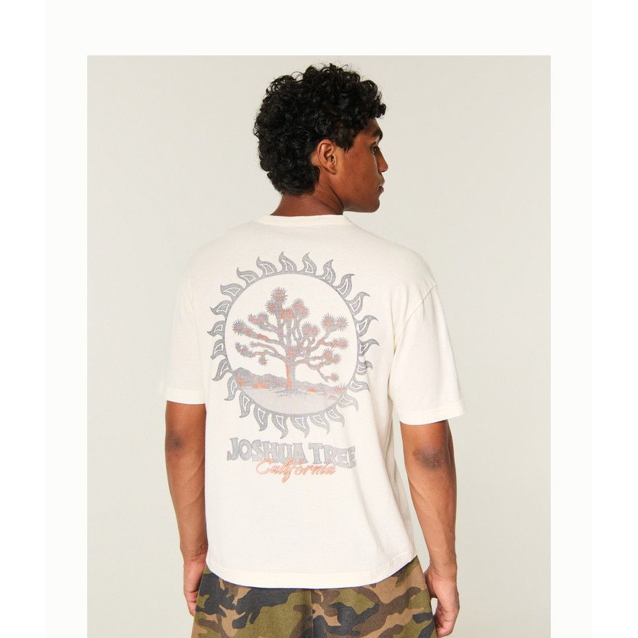Hollister American Retro California Joshua Tree Sun Frame กลับพิมพ์เสื้อยืดหลวมสําหรับผู้ชายและผู้หญ