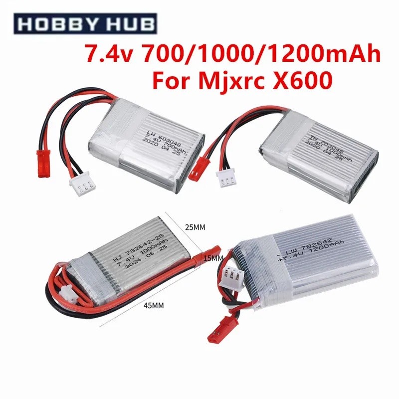 7.4V 700mah 1000mah 1200mah แบตเตอรี่ Lipo สําหรับ Mjxrc X600 RC Drone อะไหล่ 2S 7.4 V แบตเตอรี่ JST