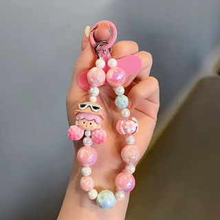 สร้อยข้อมือโทรศัพท์ ตุ๊กตาการ์ตูน ลูกปัดสีชมพู-ฟ้า น่ารัก สไตล์ฮิต