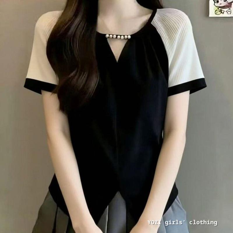 M-4XL แฟชั่นสีดําบล็อกสีแขนสั้นเสื้อยืดผู้หญิง Plus ขนาดหลวม V คอลูกปัดมุก Ribbed แขนด้านบน