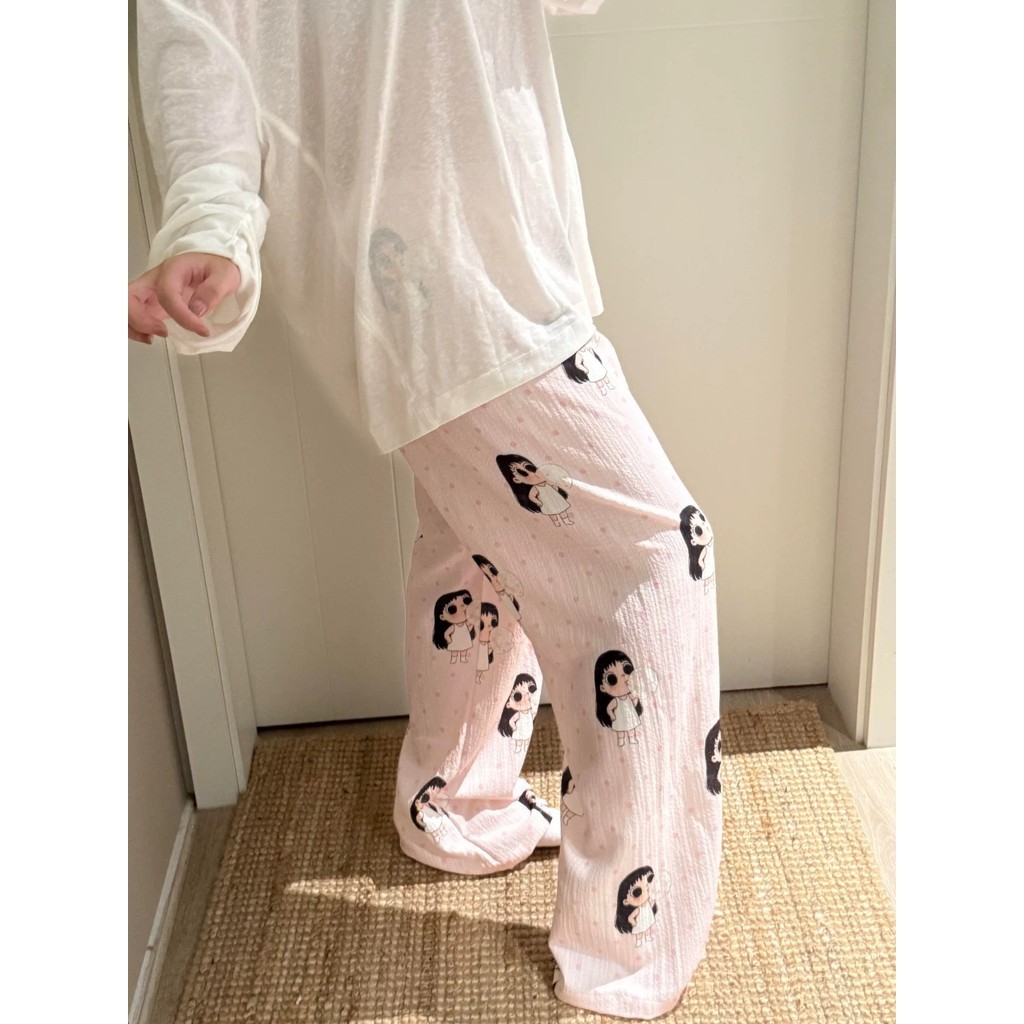 ผู้หญิงสีชมพูลายจุด Xiaoyu Viral Pyjama กางเกงหลวมการออกแบบขี้เกียจ Comfort Home ชุดนอน