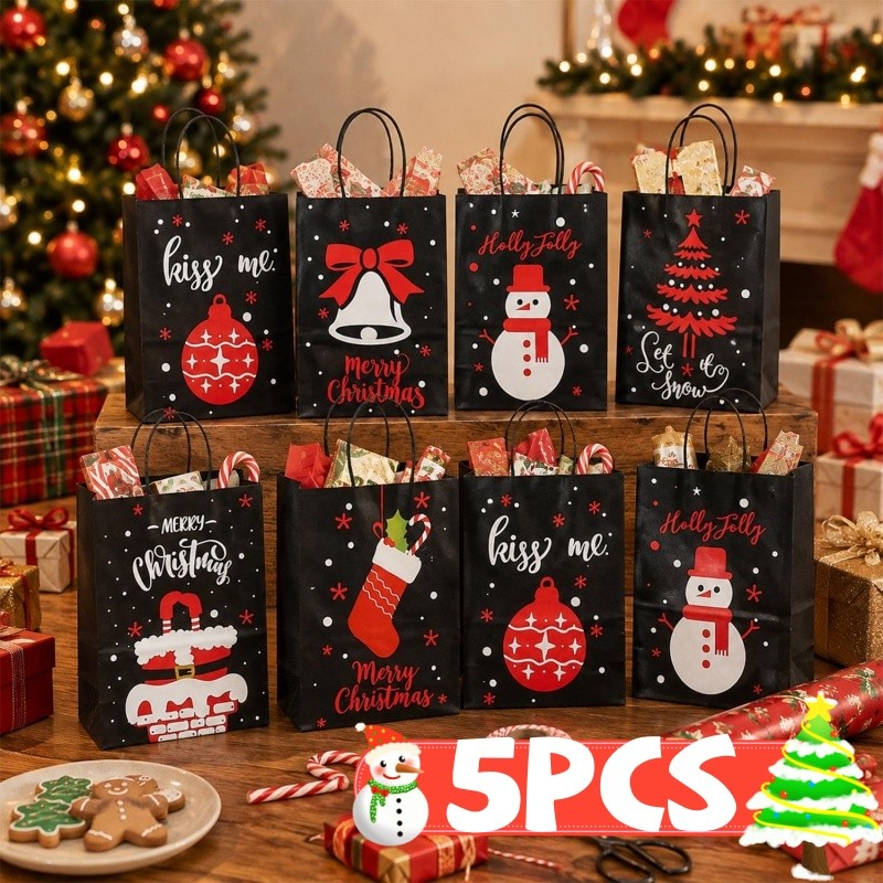 Snowman Bell Pattern Kraft Gift Bag Candy Snack Packing - Folding Present Pouch Christmas Party Supp
