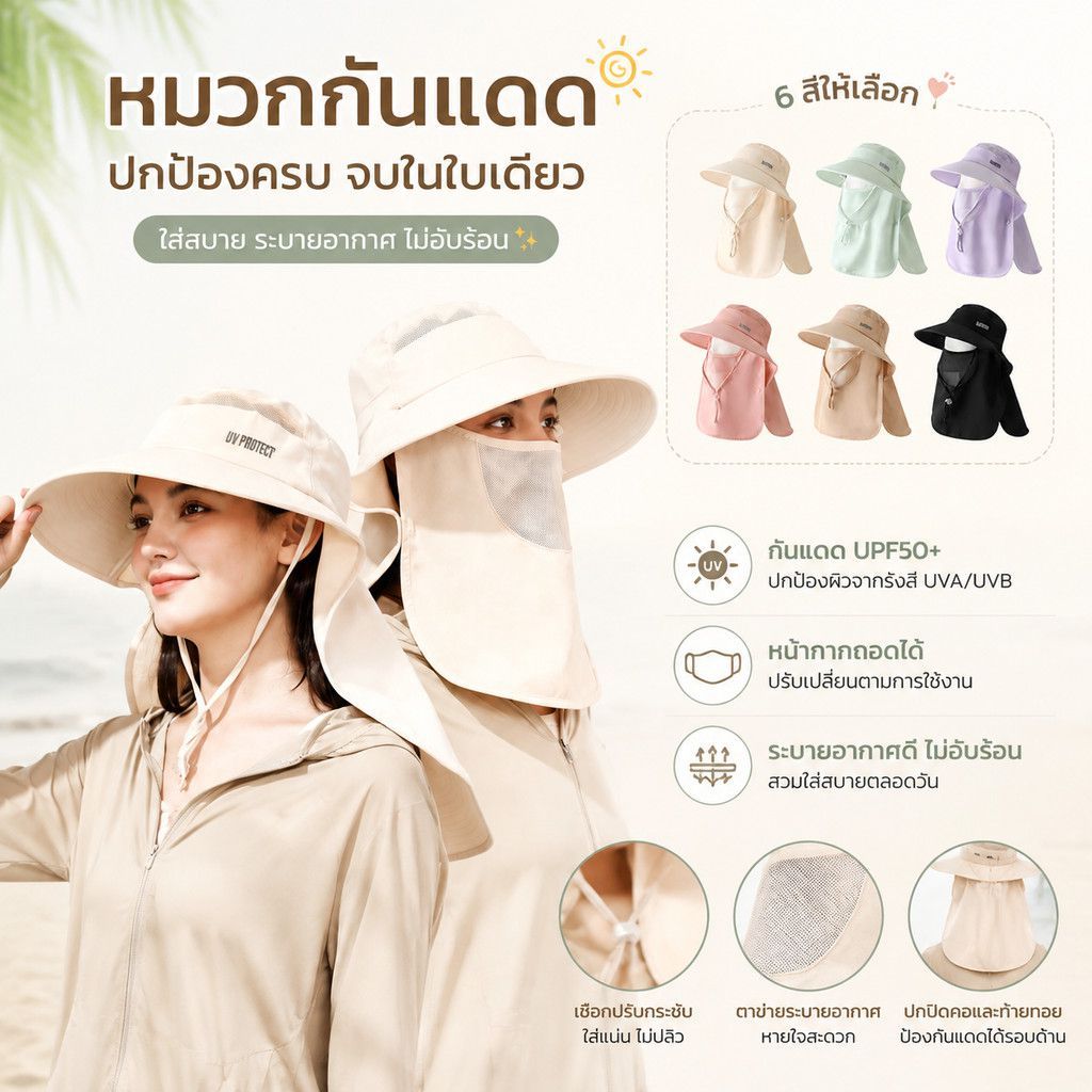 หมวกกันแดดผู้หญิง ปีกกว้าง ปกป้องใบหน้าหมด กันรังสียูวี ใช้หน้าร้อน