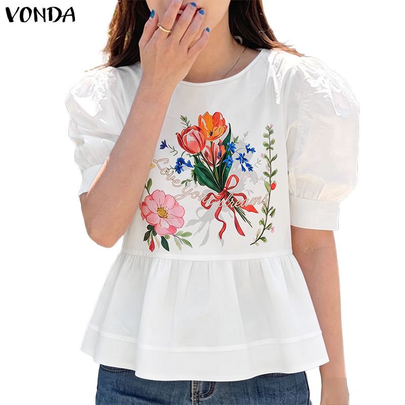 VONDA ผู้หญิง Girly เกาหลี Sweet Garden วันหยุดดอกไม้พิมพ์รอบคอ Royal พัฟแขนสั้นเอวสูง Seam หลวมเสื้อ Line