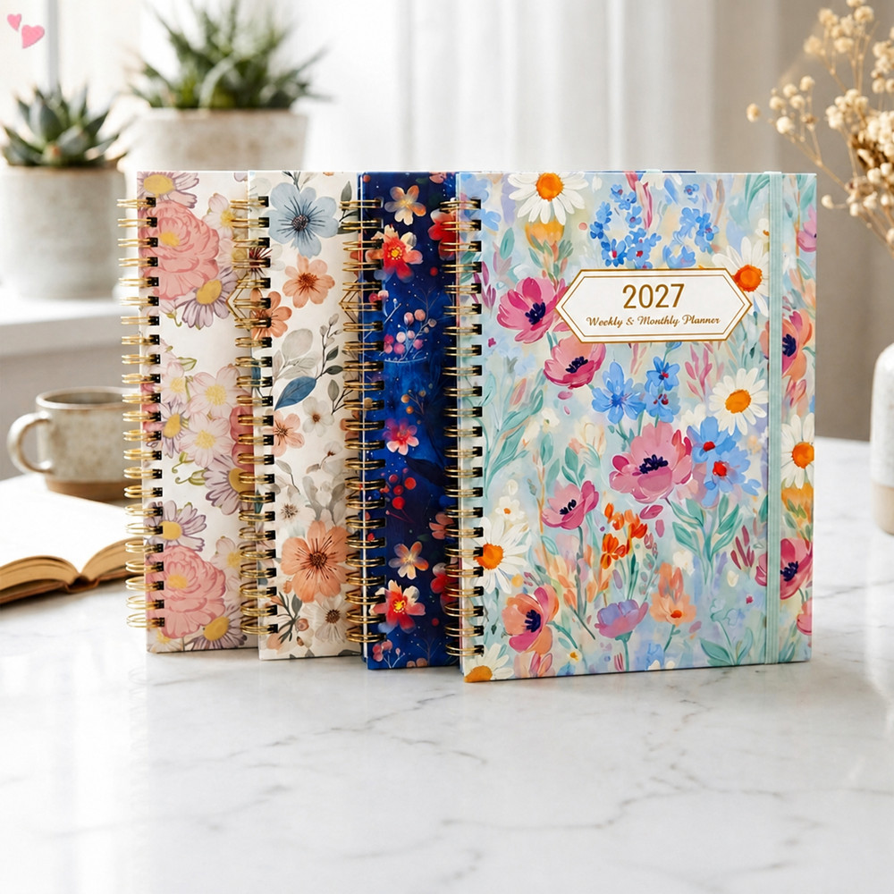 2027 A5 รายสัปดาห์รายเดือน Planner Notebook 21.5x15.8 ซม.เกลียว Bound Agenda Book 140 หน้าดอกไม้ปกแข
