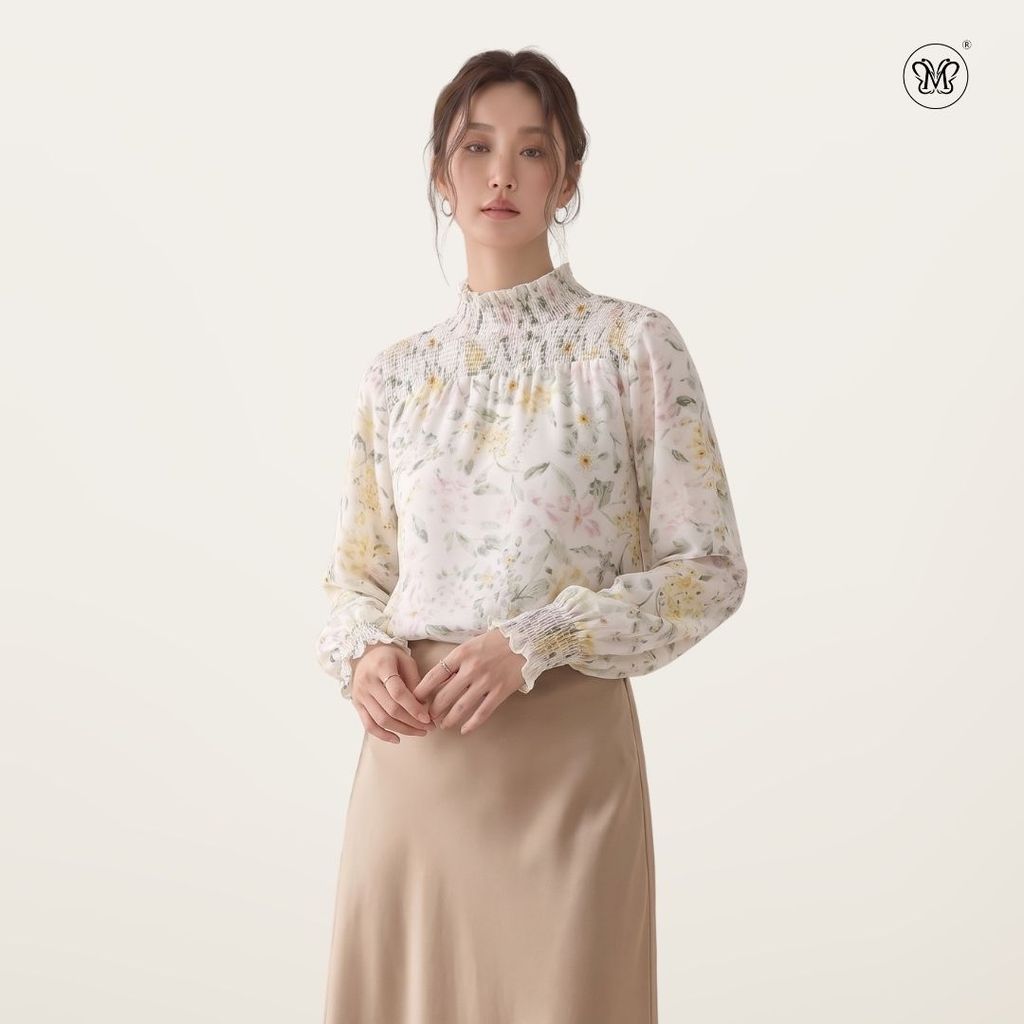 M&B LADIES BLOUSE (1699) SMOCKED RUFFLE MOCK NECK NECK