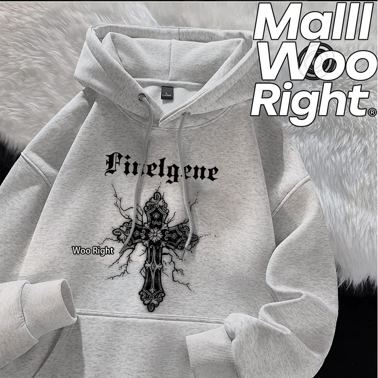 COD Woo Right เสื้อฮู้ดผู้ชายสีเทาอ่อนครอสวินเทจ พิมพ์วูไรท์ที่หน้าอกซ้าย หลวม สตรีทแฟชั่นลำลอง