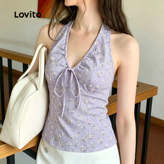 (New Arrival) Lovito เสื้อลําลองเรียบง่ายสีม่วงสําหรับผู้หญิง เหมาะสําหรับฤดูใบไม้ผลิและฤดูร้อน เกาหลี อินเทรนด์ L197AD1062