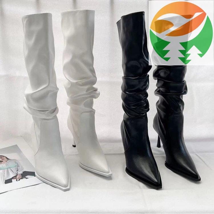Ge1 Pointed Toe Thin Heel Pumps Long Ankle Boots Non-slip กระบอก Fluffy Ankle Boots